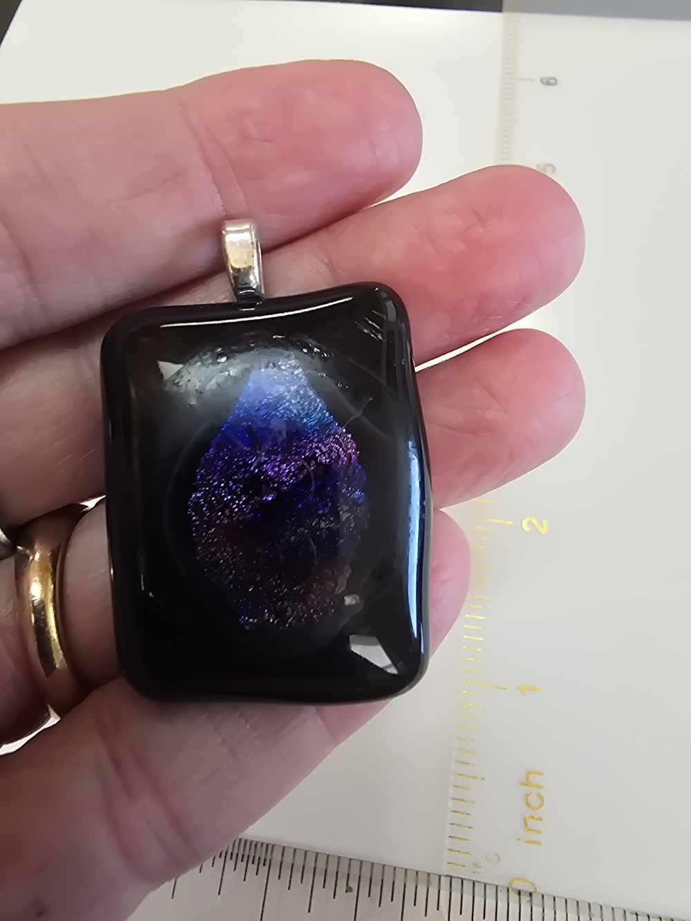 Black Glass Pendant Charm with Iridescent Purple Accent